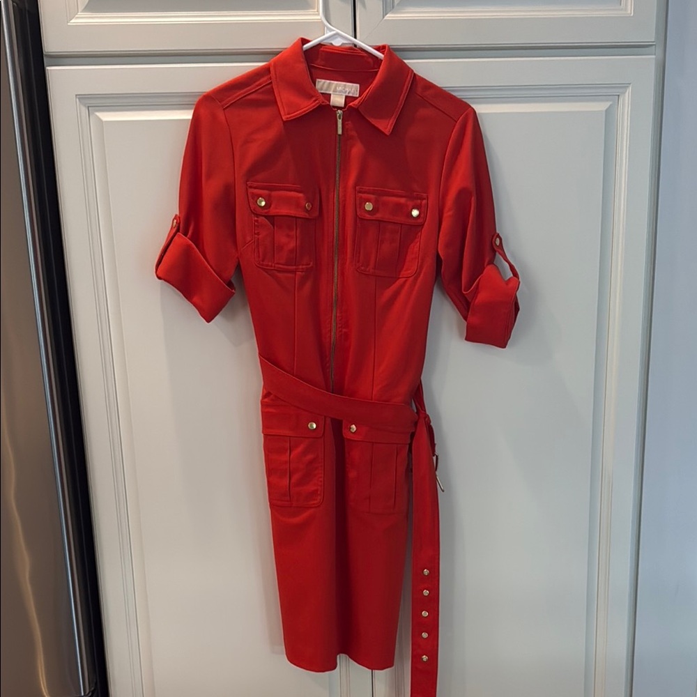 MICHAEL Michael Kors Red Buttoned Midi Dress with Collar
